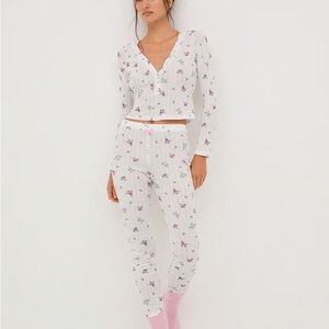 For Love And Lemons Floral Pajama Set - White and Purple